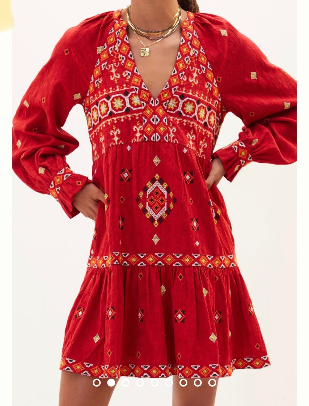 Anthropologie Embroidered Western Flowy Tunic Dress Red Size Small